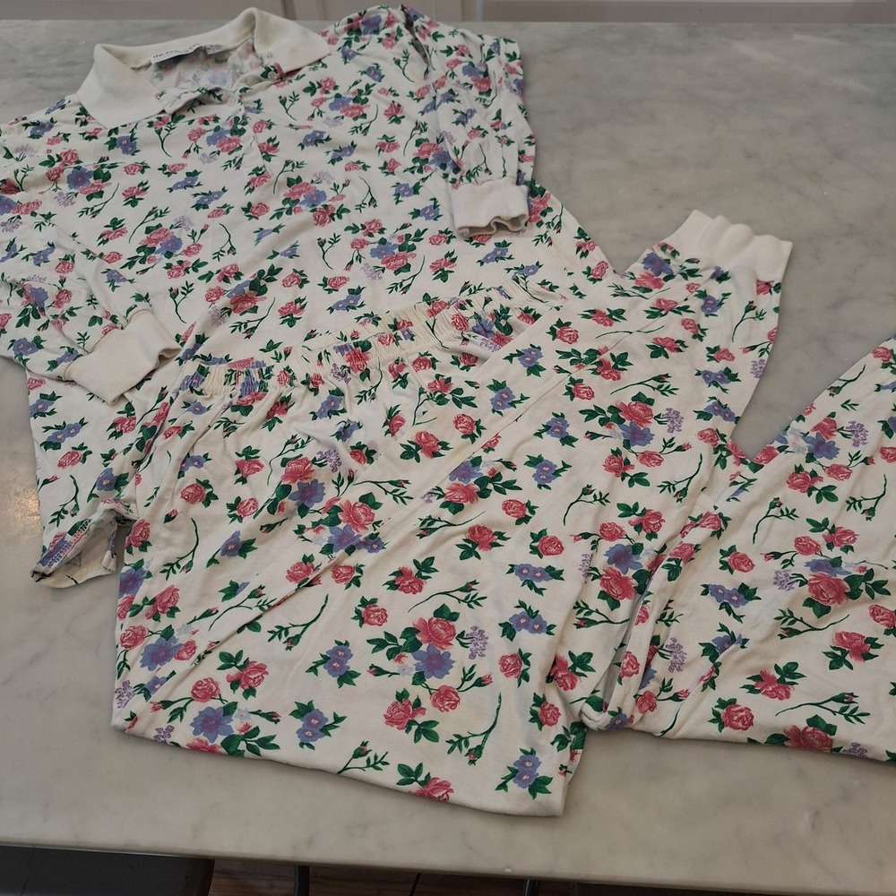 Vintage 90s The Eagle's Eye Pajama Set Womens Med Ivory Floral Cotton‎ Sleepwear
